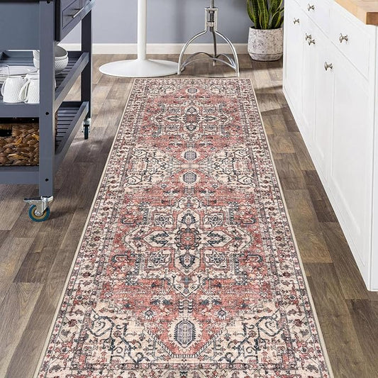 KOZYFLY Boho Runner Rug 3x8 Ft Washable Hallway Rug Faux Wool Printed Long Floor Carpet for Entryway Bedroom Kitchen Living Room Indoor Soft Durable Design, Terracotta/Beige