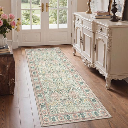 Bavni 2'6''x6 Rug Runners for Hallways, Washable Runner Rug Non Slip, Vintage Floral Print Style Rugs for Bedroom-Lightweight Low Pile Carpet for Hallways Bathroom, Pink