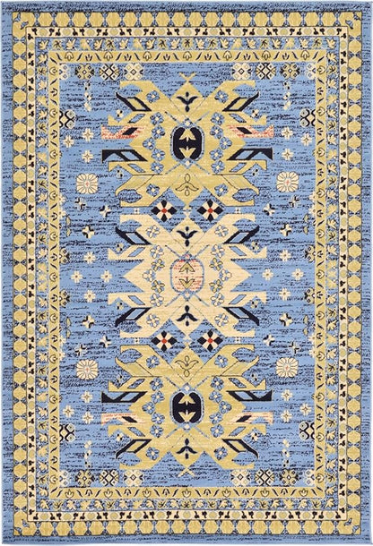 Unique Loom Taftan Collection Border Geometric Tribal Inspired Design Area Rug (6' 0 x 9' 0 Rectangular, Light Blue/ Gold)