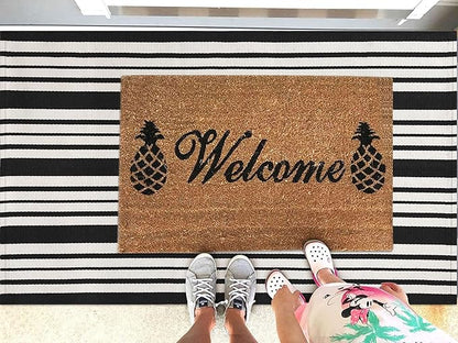KOZYFLY Black and White Striped Outdoor Rug 3x5 Ft Area Rug Washable Front Porch Rug Front Door Mat Cotton Outdoor Doormats Carpet for Front Door Kitchen Entryway Patio Living Room