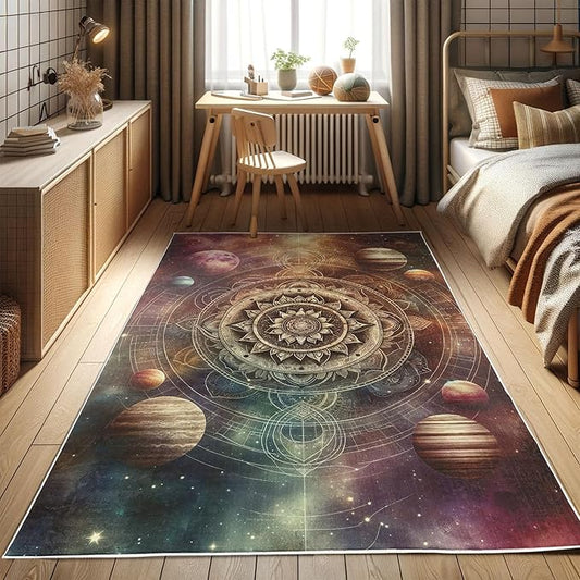Ambesonne Galaxy Decorative Rug, Dreamy Art of Starry Outer Space with Planets Featuring Oriental Mandala, Quality Carpet for Bedroom Dorm and Living Room, 2' 5" x 5', Pale Camel Dried Rose