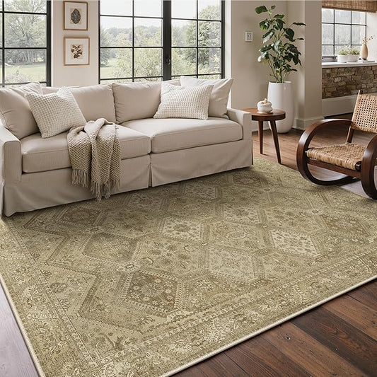 Bavni 6x9 Area Rugs for Living Room, Machine Washable Rug Non Slip, Vintage Chenille Distressed Print Carpet, Large Low Pile Ultra-Thin Lightweight Rugs for Bedroom, Dining Room, Office, Nut Brown