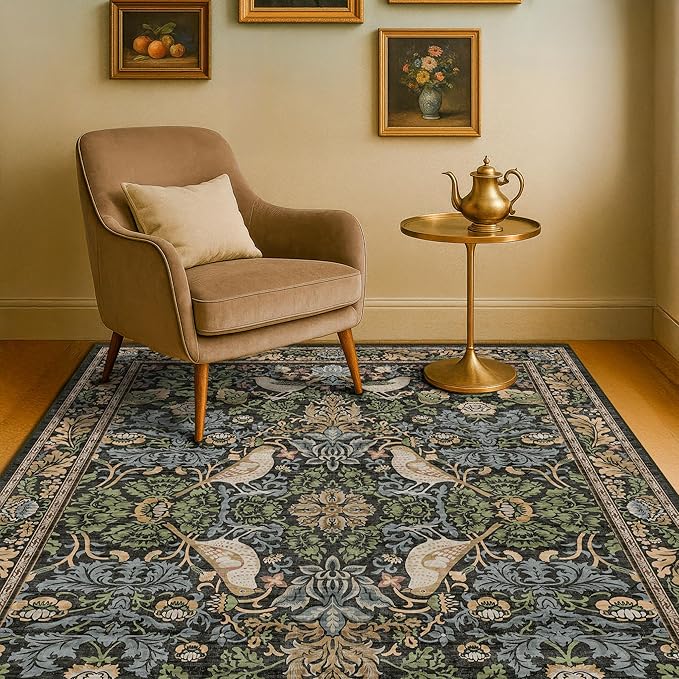 Washable 4x6 Area Rug for Living Room - Moody Accent Rug for Kitchen, Office, Large Entryway, Rustic Botanical Decor, Non-Slip Low Pile Ultra Soft Carpet