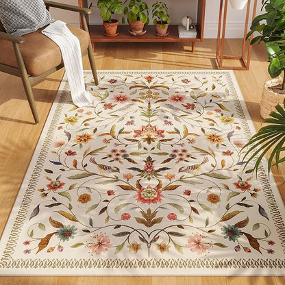 Vintage Medallion Floral 4x6 Rug, Machine Washable Non-Slip Area Rug, Low Pile Soft Carpet for Entry, Living Room, Office, Kids, Girl/Boys Room | Beige