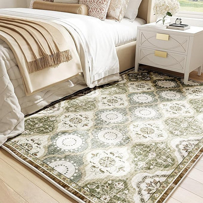 EnHomee Area Rugs 3x5, Soft Washable Rugs for Living Room Bedroom, Boho Non Slip Low Pile Stain Resistant Washable Rug Large Carpet for Dining Room,Easy to Clean Living Room Rug, Green