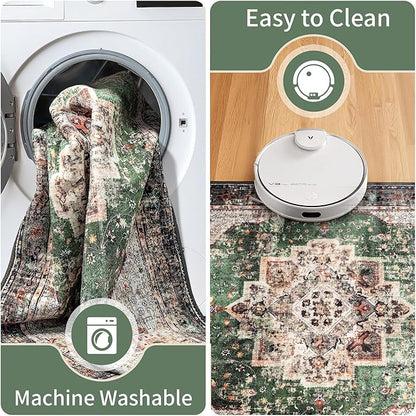 Round Rug 6ft for Bedroom, Green Washable Circle Rug Non-Slip Boho Area Rug 6' Round Carpet for Dining Room Kitchen Dorm Bathroom Low Pile Soft