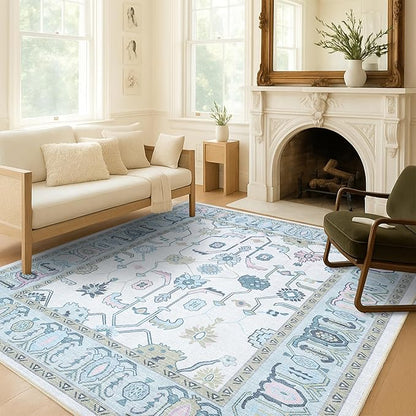 Fame Living Cream Green Oushak Runner Rug, Modern Runners, Turkish, Eclectic, Floral, Pastel, Washable, Small Rugs, Short Runner for Hallway, Entryway, Laundry, Foyer, Kitchen, Bathroom, 2'5"x6'5"