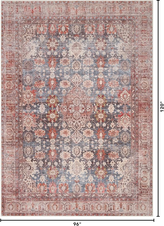 Kuden 8x10 Large Area Rug, Machine Washable Area Rug with Non-Slip Backing, Vintage Style, Soft, Easy Clean, Low Pile Rug for Living Room, Bedroom, Dining Room