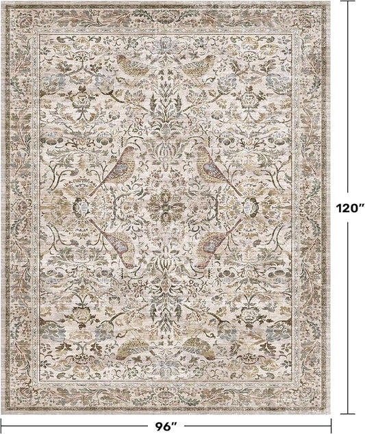 Boho 8x10 Area Rugs for Living Room - Washable Low Pile Soft Moss Floral Rug for Bedroom, Dining Room, Light Brown Taupe Low Pile Soft Carpet, Vintage Indoor Décor