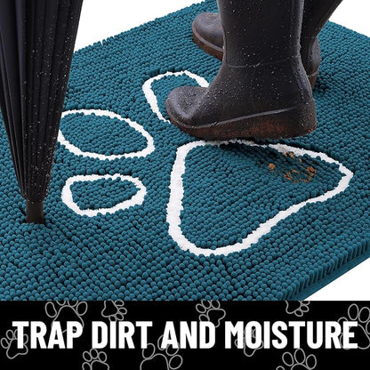 Smiry Dog Door Mat for Muddy Paws, Absorbent Dirt Trapper Non Slip Quick Dry Washable Chenille Mat for Mud Dogs, Entry Rug for Indoor and Outdoor (36x24 Inches, Atlantic Blue and White)