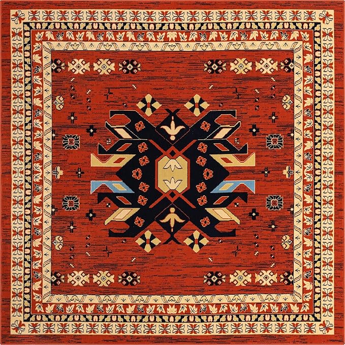 Unique Loom Taftan Collection Border Geometric Tribal Inspired Design Area Rug (8' 0 x 8' 0 Square, Terracotta/ Ivory)