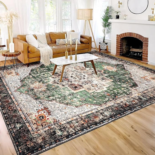 9x12 Area Rugs for Living Room Green Boho Washable Vintage Low Pile Non-Slip Large Carpet for Bedroom Dining Room