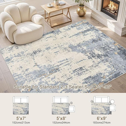 5x7 Area Rug Living Room Rugs - Washable Neutral Modern Abstract Soft Thin Rug Indoor Floor No Slip Rug Carpet for Bedroom Under Dining Table Home Office Decor - Blue/Light Brown