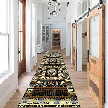 Luxury Greek Key Runner Rug, 2.6x7ft, Black Gold Arabic Style Long Hallway Rug Runners, Modern Black Gold Rugs for Living Room, Easy Clean Pet Friendly Non-Slip Mat for Entryway Floor