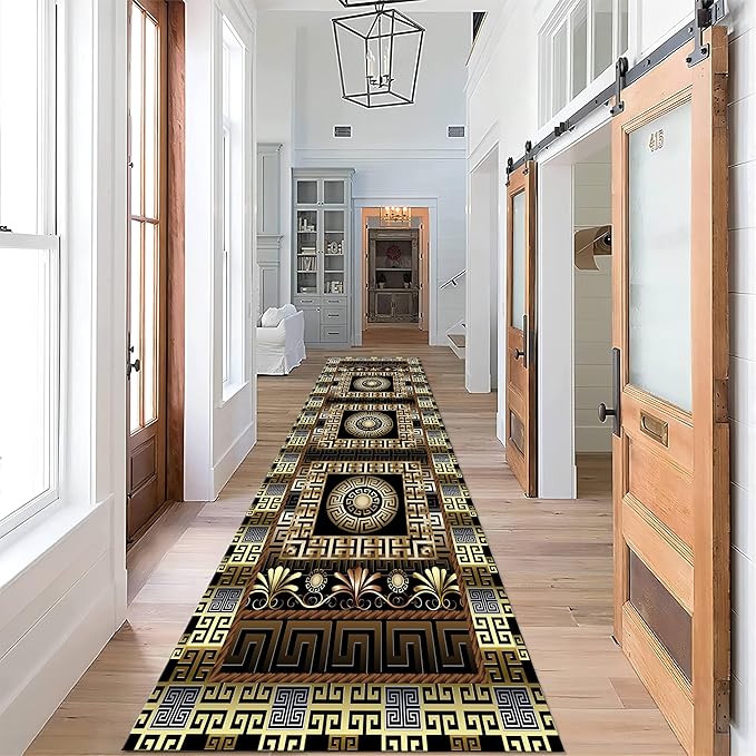 Luxury Greek Key Runner Rug, 2x10ft, Black Gold Arabic Style Long Hallway Rug Runners, Modern Black Gold Rugs for Living Room, Easy Clean Pet Friendly Non-Slip Mat for Entryway Floor