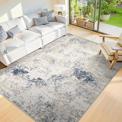 4x6 Washable Area Rugs - Modern Abstract Rugs for Living Room Non-Slip Low Pile Soft Machine Washable Carpet for Bedroom, Dining Room, Nursery, Home Office, Farmhouse (4'x6' Beige Blue)