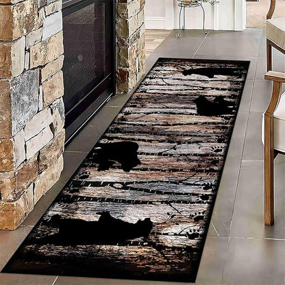 Wildlife Bear Runner Rug, 4x10ft, Vintage Wood Grain Wild Animal Black Bear Corridor Carpet, Non-Slip Washable Long Runner Rug for Farmhouse, American Country Wood Floor Entrance Rug Door Mat