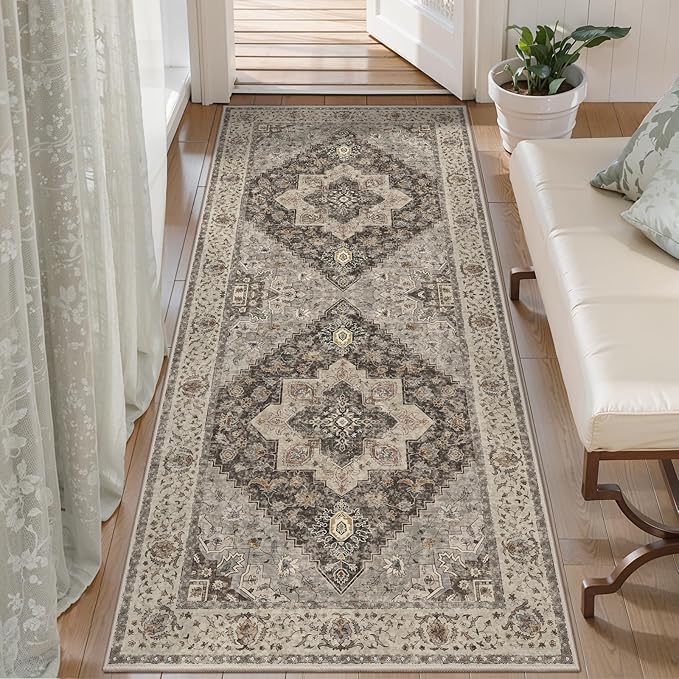 Tangsoo 2x5 Washable Runner Rug for Hallways, Non Slip Vintage, Soft Low Pile Long Runner, Print Distressed Grey Runners for Kitchen Bedroom Entryway Bathroom Living Room