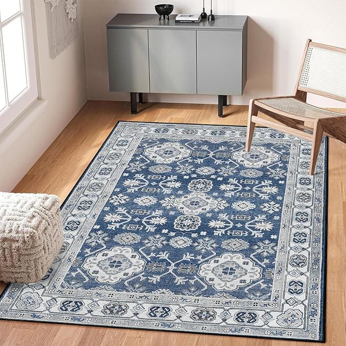 VK VK·LIVING Machine Washable Rug 5'x7' Vintage Design Washable Area Rugs with Non Slip Rugs for Living Room Bedroom Traditional Woven Carpet Stain Resistant Home Decor Office Boho Rug (Navy)