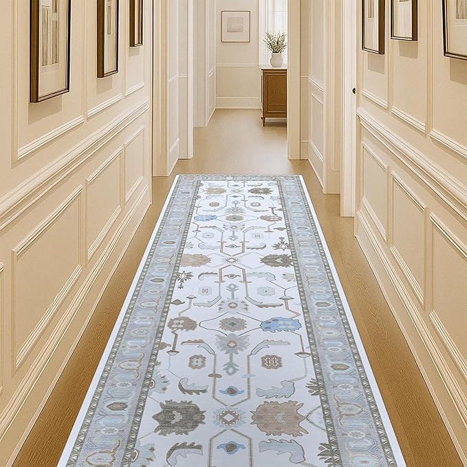 Fame Living Cream Grey Oushak Runner Rug, Modern Runners, Vintage, Turkish, Eclectic, Floral, Pastel, Washable, Long Runner Rugs for Hallway, Kitchen, Living Room, Bedroom, Kitchen, Bathroom, 2'5"x13'