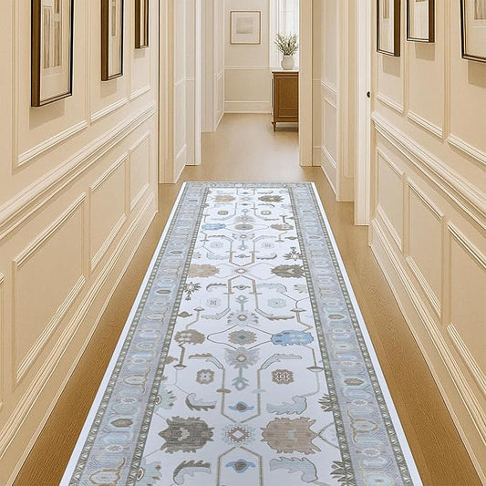 Fame Living Cream Grey Oushak Runner Rug, Modern Runners, Turkish, Eclectic, Floral, Pastel, Washable, Small Rugs, Short Runner for Hallway, Entryway, Laundry, Bedroom, Kitchen, Bathroom, 2'5"x6'5"