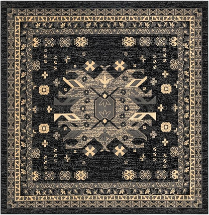 Unique Loom Taftan Collection Border Geometric Tribal Inspired Design Area Rug (8' 0 x 8' 0 Square, Black/ Gray)