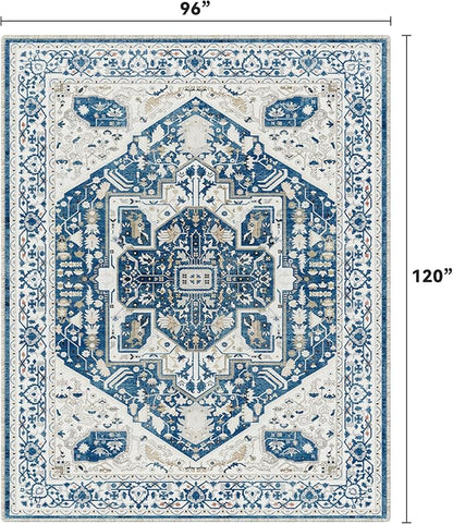 EnHomee 8x10 Area Rugs Washable for Bedroom, Boho Vintage Rugs, Foldable Area Rug for Dining Room, Non-Slip Soft Living Room Rug, Low Pile Large Carpet for Bathroom, Blue and White