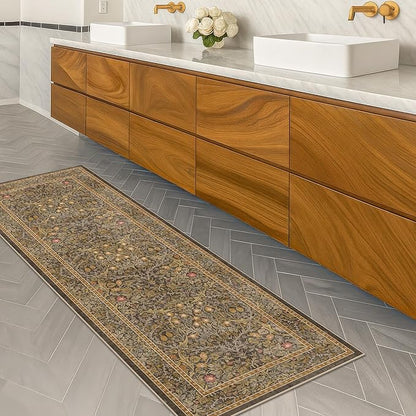 Non Slip 2x8 Gold Brown Long Hallway Runner Rug - Washable Entryway Rug, Stain Resistant Kitchen Floor Mat - Vintage Floral Indoor Décor, Low Pile & Soft Carpet