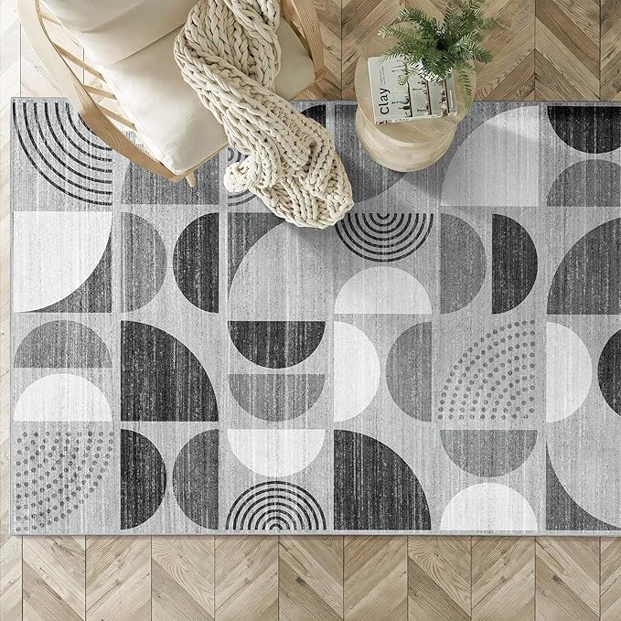 MUJOO 3x5 Rug Washable,Black and Grey Area Rugs for Bedroom Entryway Living Room Bedside,Small Boho Throw Floor Carpet Non Slip Soft Indoor Modern Abstract