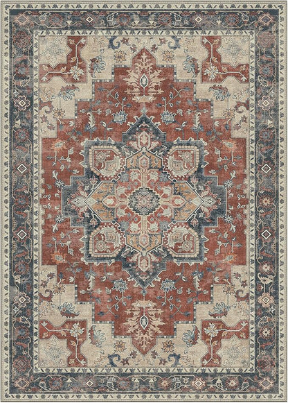 GENIMO 5x7 Area Rugs for Living Room, Machine Washable Non Slip Vintage Rugs, Low Pile Lightweight Chenille Print Rug for Bedroom, Dining Room, Home Office,Bordeaux