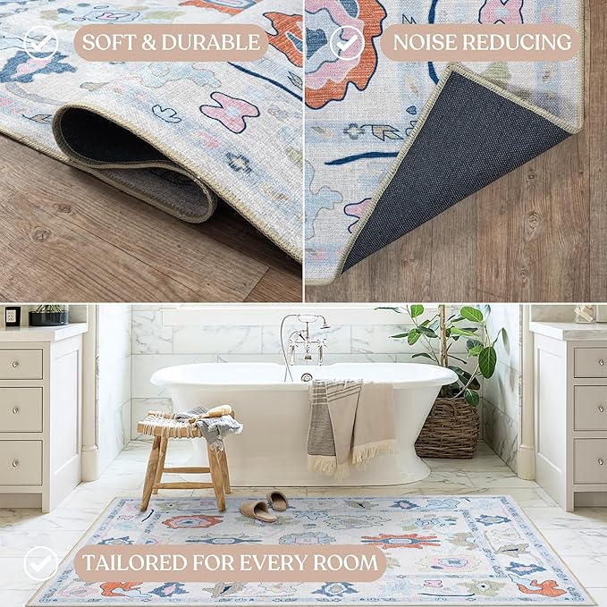 Fame Living Cream Oushak Rug, Modern Small Rugs, Vintage, Turkish, Eclectic, Floral, Pastel, Washable, Door Mat, Doormat for Indoor Entrance, Entryway, Kitchen, Bathroom, Bedroom, Laundry, 2'x3'