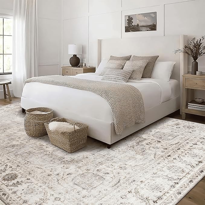 ReaLife Rugs Machine Washable Area Rug - Stain Resistant,Non-Shed - Eco-Friendly,Non-Slip, Family & Pet Friendly - Made from Premium Recycled Fiber - Vintage Bohemian Medallion - Beige Ivory, 4' x 6'
