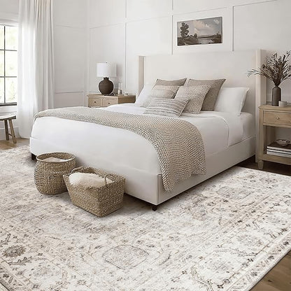 ReaLife Rugs Machine Washable Area Rug - Stain Resistant,Non-Shed - Eco-Friendly,Non-Slip, Family & Pet Friendly - Made from Premium Recycled Fiber - Vintage Bohemian Medallion - Beige Ivory, 4' x 6'