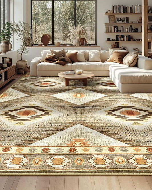 Area Rug 10x12 Rug Machine Washable Non-Slip Low Pile Print Pattern Western Rug for Living Room Bedroom Entryway Tribal Series-Cream/Camel