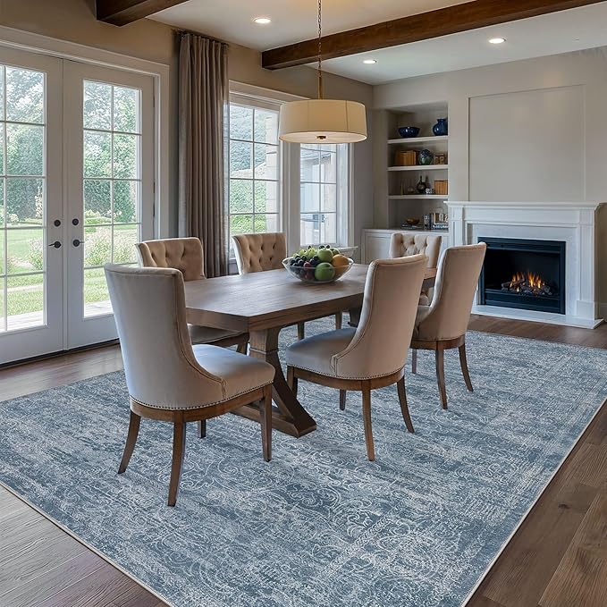 Area Rug Living Room Rugs - 10x12 Washable Large Soft Indoor Neutral Modern Abstract Low Pile Rug Carpet for Bedroom Dining Room Farmhouse Home Office - Dark Blue
