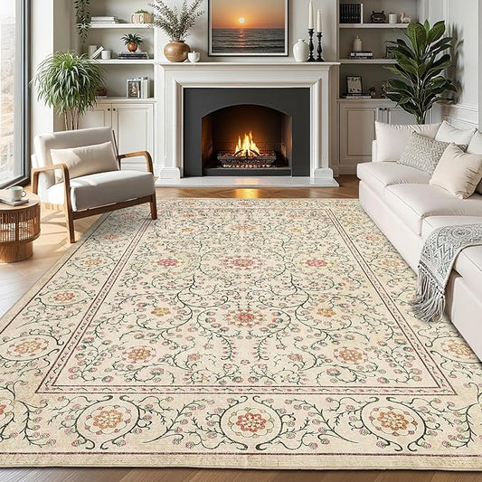GarveeHome Boho 8x10 Area Rugs for Living Room, Floral Vintage Rugs for Bedroom with Soft Low Pile, Non Slip Stain Resistant Washable Rug 8x10 for Dining Room Camel Large Carpet for Office Playroom
