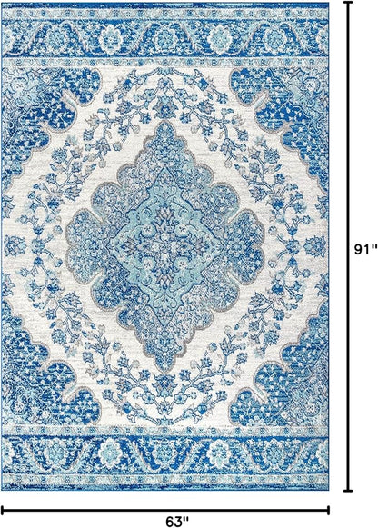 JONATHAN Y Boho Vintage Cream/Blue Indoor Area Rug, 5x8, Bohemian Flair Medallion, Floral Easy-Cleaning High Traffic for Living Room, Bedroom, Kitchen, Pet-Friendly, Non-Shedding (BMF106B-5)