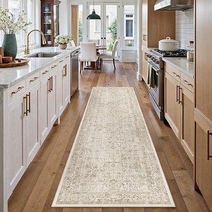 Light Brown Runner Rug 2x8 Hallway Machine Washable Kitchen Vintage Distressed Non Slip Long Carpet Indoor Retro Floral Bedroom Accent Throw Rug for Bathroom Office Laundry Dining Room