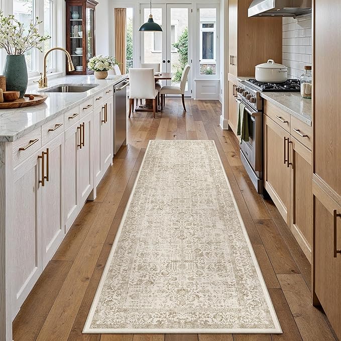 Light Brown Runner Rug 2'6"x10' Washable Carpet for Hallway Kitchen Vintage Distressed Non Slip Indoor Retro Floral Bedroom Accent Throw Long Rug Bathroom Office Laundry Dining Living Room