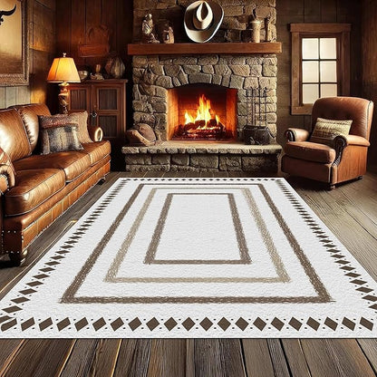 Moroccan Farmhouse Area Rugs 4x5ft, Neutral Geometric Pattern in Off-White Rug, Low Pile Machine Washable & Non-Slip Soft Carpet for Living Room, Bedroom & Dining Room