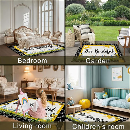 Bee Grateful Rug for Living Room 5x7, Low Pile Non-Slip Backing, Machine Washable Easy Fold Rug for Home, Office, Dorm Room