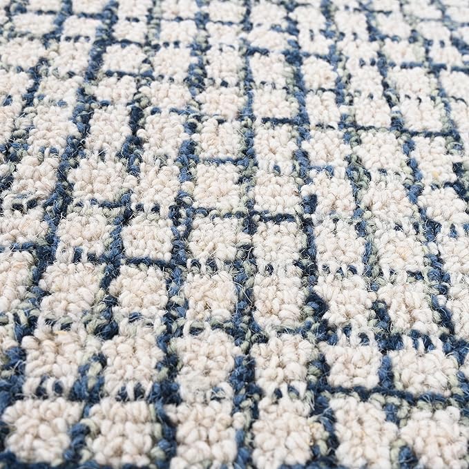 Hand-Tufted 100% Wool Pile Area Rug – Geometric Textured Grid Check Pattern – Thick and Durable Floor Carpet for Bedroom, Living Room, Kids Room, and Dining Area (Ivory, Denim, 8' x 11')