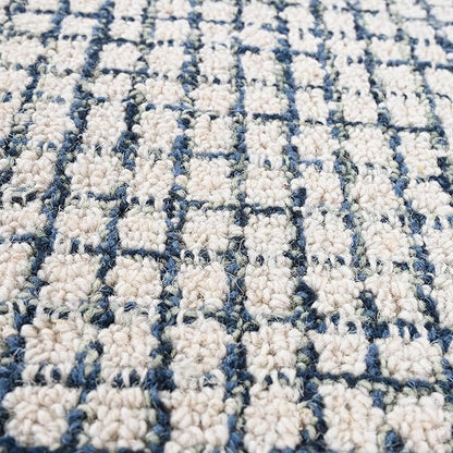 Hand-Tufted 100% Wool Pile Area Rug – Geometric Textured Grid Check Pattern – Thick and Durable Floor Carpet for Bedroom, Living Room, Kids Room, and Dining Area (Ivory, Denim, 2' x 3')
