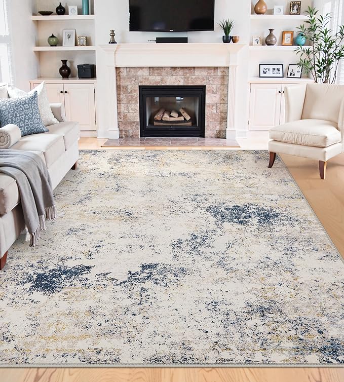 4x6 Washable Area Rugs - Modern Abstract Rugs for Living Room Non-Slip Low Pile Soft Machine Washable Carpet for Bedroom, Dining Room, Nursery, Home Office, Farmhouse (4'x6' Beige Blue)