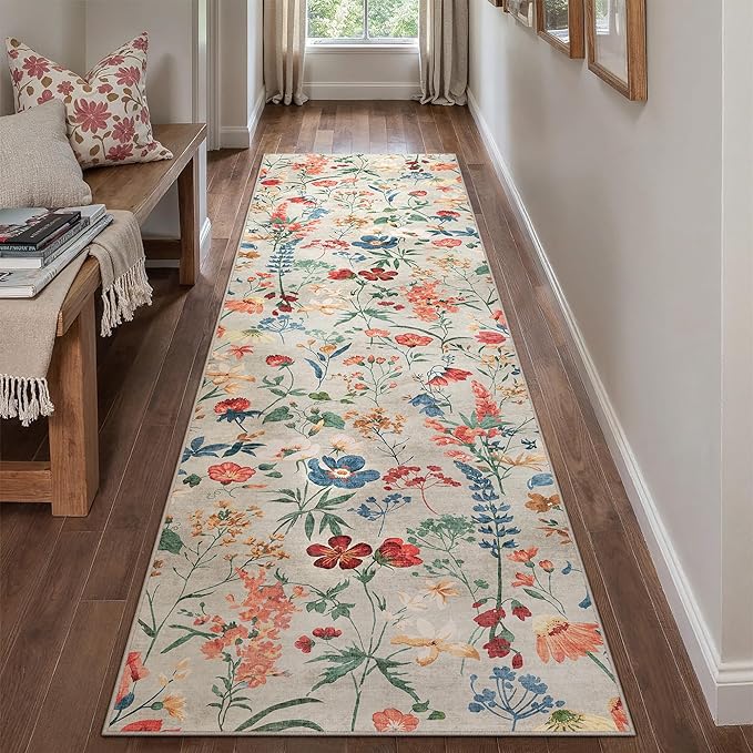 Floral Runner Rug 2x12 Washable Hallway Long Beige Bedroom Carpet Non Slip Indoor Boho Kitchen Low Pile Accent Rug Lightweight Soft for Bathroom Dining Laundry Living Room