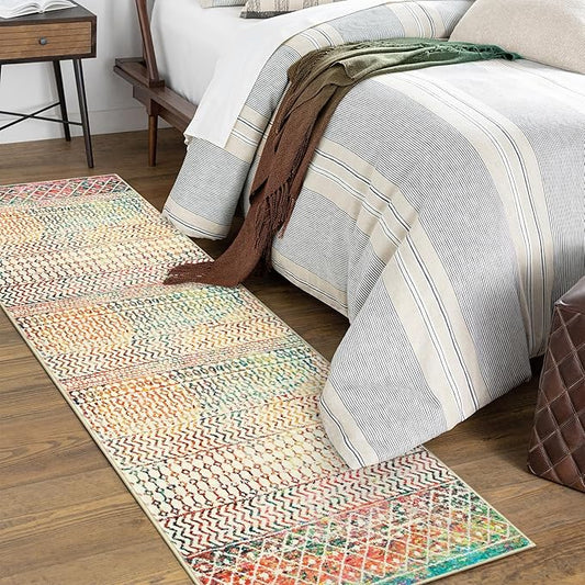 Moroccan Hallway Runner Rug 2x6, Ultra Soft Non Slip Bathroom Runner Rug, Low-Pile Washable Hallway Rug Front Door Mat Neutral Rug for Bathroom Laundry Room Bedroom