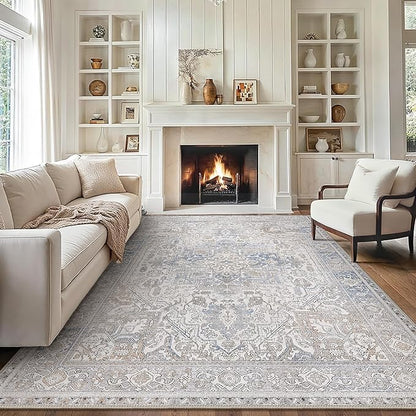 GENIMO 8x10 Area Rugs for Living Room, Machine Washable Non Slip Vintage Retro Rugs, Low Pile Lightweight Thin Print Rug for Bedroom, Dining Room, Home Office, Khaki Blue
