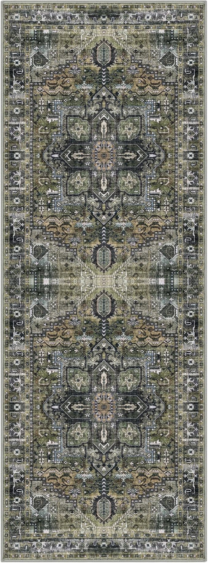 KOZYFLY Runners for Hallways 2x6 Ft Washable Kitchen Runner Rug Boho Runner Rug for Entryway Indoor Printed Oriental Faux Wool Floor Carpet Runner for Bedroom Kitchen Hall, Charcoal/Green/Olive