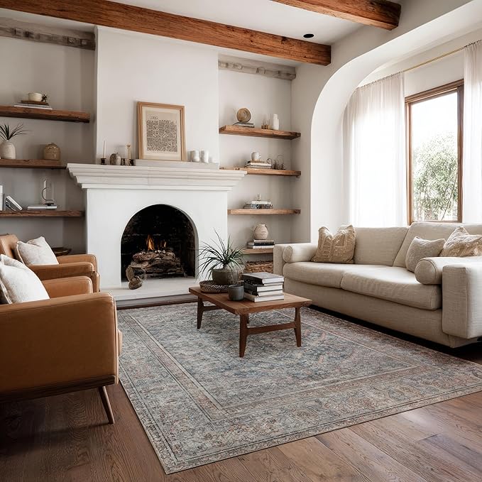 Kuden 4x6 Area Rug, Machine Washable Area Rug with Non-Slip Backing, Vintage Style, Soft, Easy Clean, Low Pile Rug for Living Room, Bedroom, Dining Room