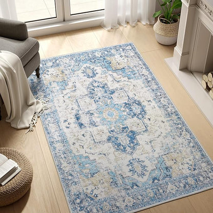 jinchan Kelda Area Rug 3x5 Washable Entryway Rug Vintage Soft Indoor Floor Cover Retro Distressed Mat Accent Lightweight Non-Slip Thin Carpet for Kitchen Bathroom Living Room Bedroom Blue